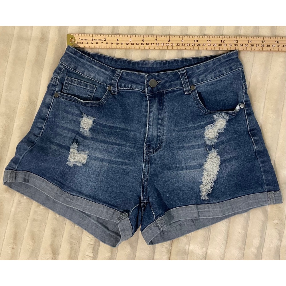 Womens Distressed Medium Wash Cuffed Denim Jean Shorts Size M Blue Mid Rise - Picture 3 of 6